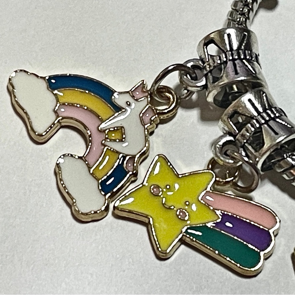 Kawaii Unicorn Rainbow Charm Pandora Style Bracelet, Colorful Enamel Charms, Y2K - Picture 12 of 16